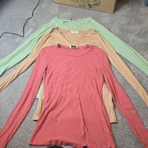 3, Medium Tall Amalli Talli Long Sleeve Shirts- Coral, Beige, and Green